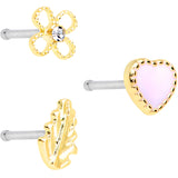 20G 1/4 Clear Gem Pink Heart Flower Feather Nose Bone Set of 3