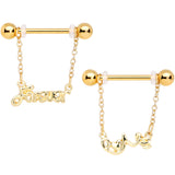 14G 1/2 Gold Tone Love Forever Chain Dangle Nipple Ring Set