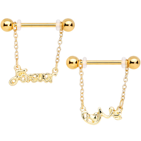 14G 1/2 Gold Tone Love Forever Chain Dangle Nipple Ring Set