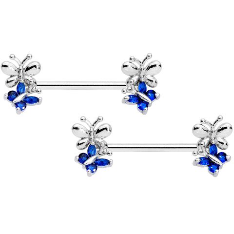 14G 1/2 Dark Blue CZ Gem Butterfly Barbell Nipple Ring Set