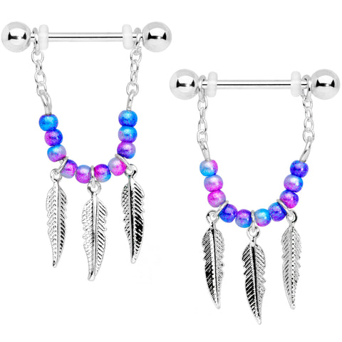 14G 1/2 Blue Purple Bead Feather Dangle Nipple Ring Set