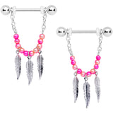 14G 1/2 Pink Peach Bead Feather Dangle Nipple Ring Set