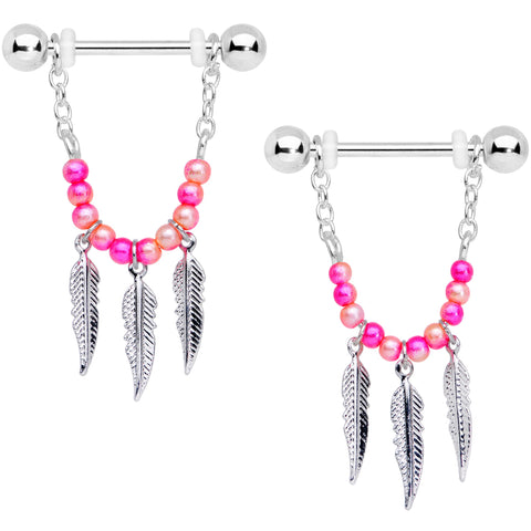 14G 1/2 Pink Peach Bead Feather Dangle Nipple Ring Set