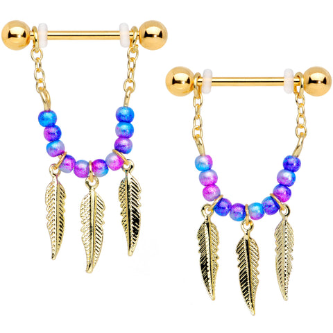 14G 1/2 Gold Tone Blue Purple Bead Feather Dangle Nipple Ring Set