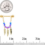 14G 1/2 Gold Tone Blue Purple Bead Feather Dangle Nipple Ring Set