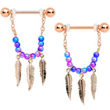 14G 1/2 Rose Gold Tone Blue Pink Bead Feather Dangle Nipple Set