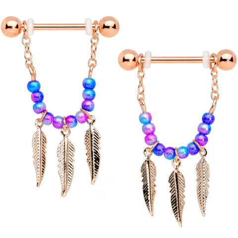 14G 1/2 Rose Gold Tone Blue Pink Bead Feather Dangle Nipple Set