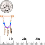 14G 1/2 Rose Gold Tone Blue Pink Bead Feather Dangle Nipple Set
