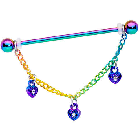 14G Clear Gem Rainbow Padlock Heart Dangle Industrial Barbell 38mm
