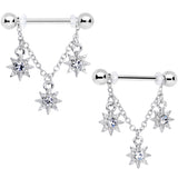 14G 1/2 Clear Gem Trio Stars Chain Dangle Nipple Ring Set