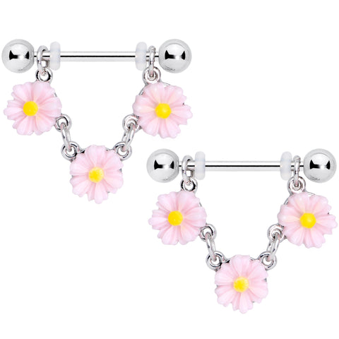 14G 18mm Pink Yellow Flower Cluster Chain Dangle Nipple Ring Set