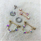 14G 9/16 Aurora CZ Gem Rose Gold Tone Barbell Nipple Ring Set