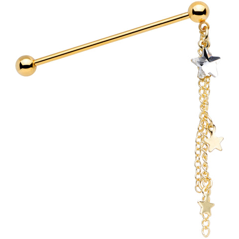 14G Clear Gem Gold Tone Stars Dangle Industrial Barbell 38mm