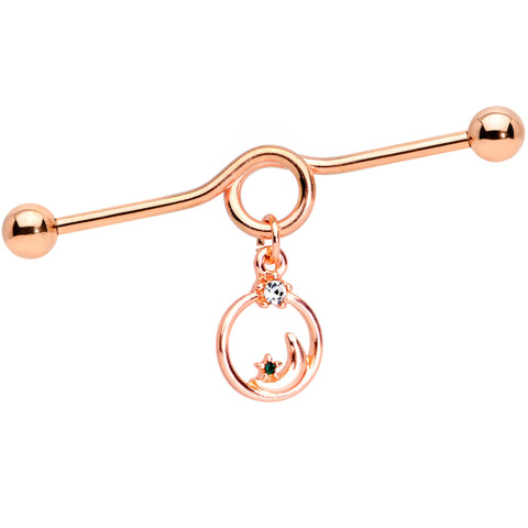 14G Clear Gem Rose Gold Tone Moon Star Dangle Project Bar 38mm