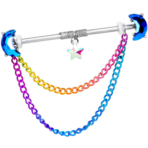 14G Blue Gem Moon Double Rainbow Chain Dangle Project Bar 38mm