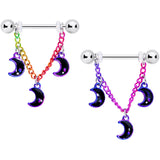 14G 11/16 Rainbow Triple Crescent Moon Dangle Nipple Ring Set