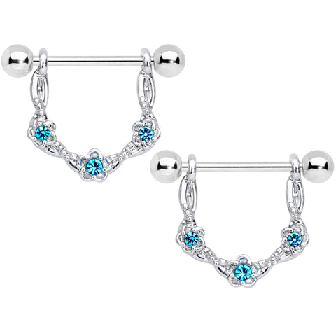 14G 3/4 Aqua Gem Knotted Flower Dangle Nipple Ring Set