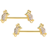 14G 9/16 Clear Aqua Gem Gold Tone Mouse Barbell Nipple Ring Set