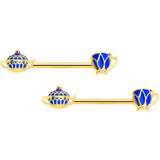 14G 9/16 Gold Tone Blue Teapot Teacups Barbell Nipple Ring Set