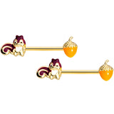14G 9/16 Gold Tone Squirrel Acorn Barbell Nipple Ring Set