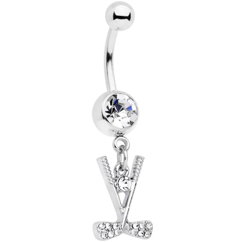 Clear CZ Gem Crossed Golf Clubs Dangle Belly Ring