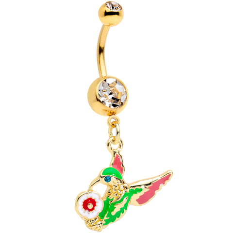 Clear Blue Gem Gold Tone Flower Hummingbird Dangle Belly Ring