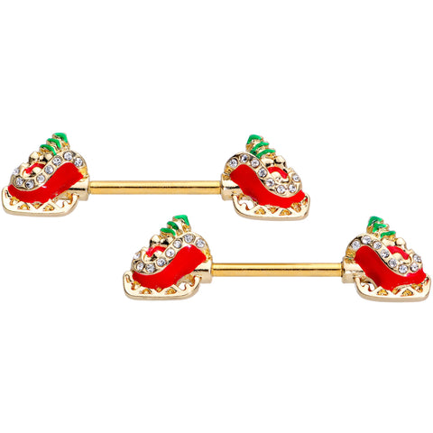 14G 9/16 Clear Gem Santa Sleigh Christmas Barbell Nipple Ring Set