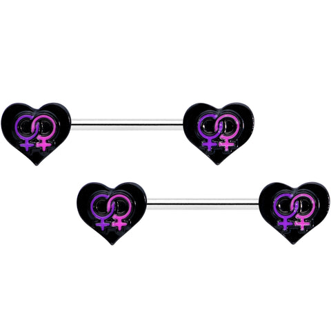 14G 9/16 Lesbian Love Heart Barbell Nipple Ring Set