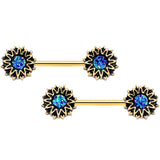 14G 9/16 Gold Tone Aqua Center Sunburst Barbell Nipple Ring Set