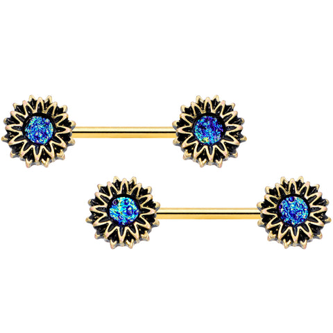 14G 9/16 Gold Tone Aqua Center Sunburst Barbell Nipple Ring Set