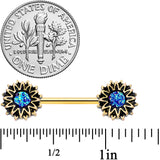 14G 9/16 Gold Tone Aqua Center Sunburst Barbell Nipple Ring Set