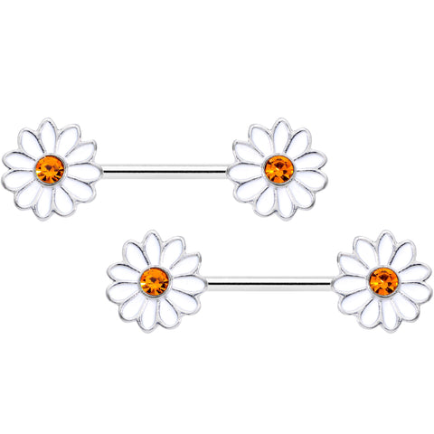 14G 9/16 Yellow Gem White Daisy Flower Hippie Nipple Ring Set