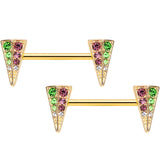 14G 9/16 Pink Green Gem Gold Hue Triangle Barbell Nipple Ring Set