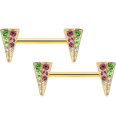 14G 9/16 Pink Green Gem Gold Hue Triangle Barbell Nipple Ring Set