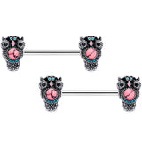 14G 9/16 Black Gem Pink Orb Owl Barbell Nipple Ring Set