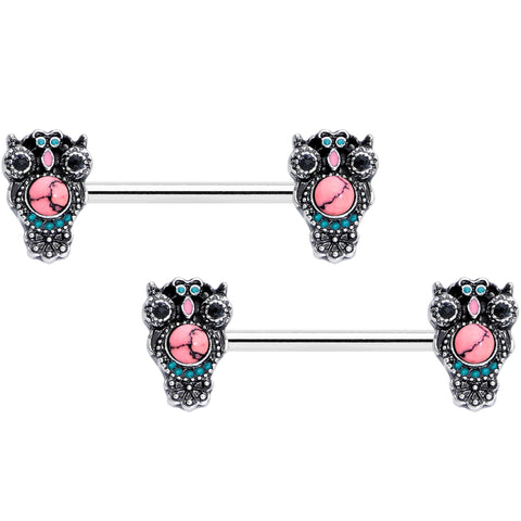 14G 9/16 Black Gem Pink Orb Owl Barbell Nipple Ring Set