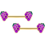 14G 9/16 Gold Tone Sweet Purple Grapes Barbell Nipple Ring Set