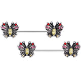 14G 9/16 Red Pink Gem Art Deco Butterfly Barbell Nipple Ring Set