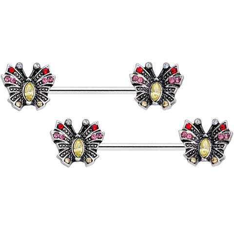 14G 9/16 Red Pink Gem Art Deco Butterfly Barbell Nipple Ring Set