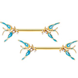 14G 9/16 Clear CZ Gem Gold Tone Swallow Bird Nipple Ring Set