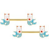 14G 9/16 Gold Tone Blue Star Cat Mermaid Barbell Nipple Ring Set