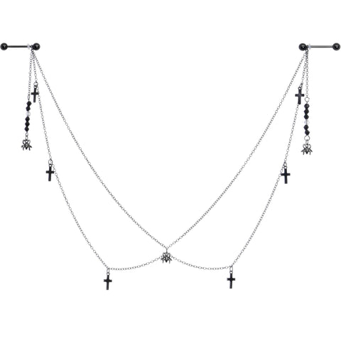 14G 9/16 Black Gem Spider Cross Halloween Dangle Nipple Chain