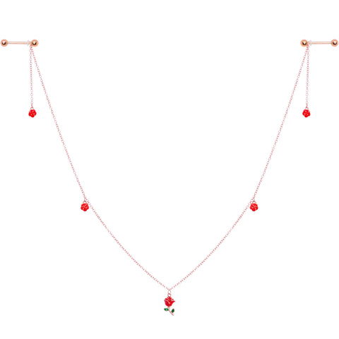 14G 9/16 Gold Tone Red Flower Valentine Dangle Nipple Chain
