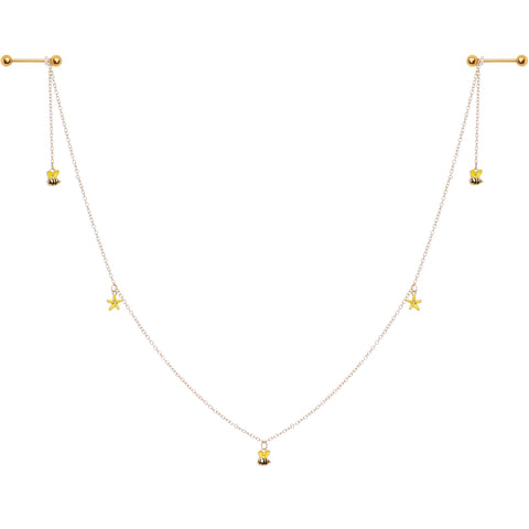 14G 9/16 Gold Tone Yellow Flower Bee Dangle Nipple Chain