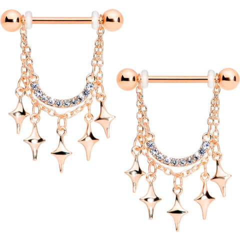 14G 9/16 Clear Gem Rose Gold Tone Drama Dangle Nipple Ring Set
