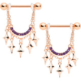 14G 9/16 Purple Gem Rose Gold Tone Drama Dangle Nipple Ring Set
