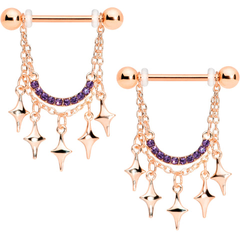 14G 9/16 Purple Gem Rose Gold Tone Drama Dangle Nipple Ring Set