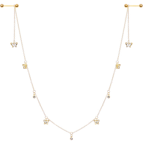 14G 9/16 Clear Gem Gold Tone Butterfly Dangle Nipple Chain