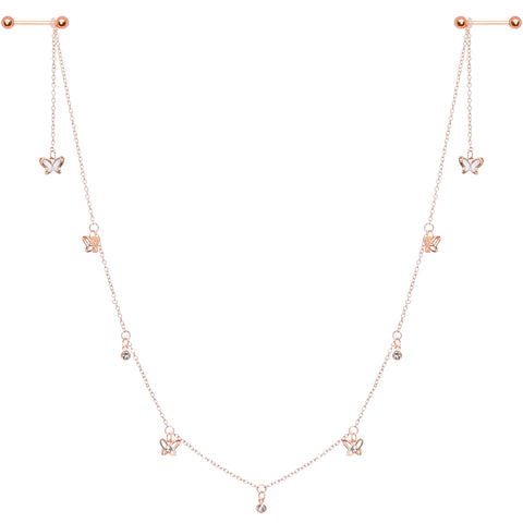 14G 9/16 Clear Gem Rose Gold Tone Butterfly Dangle Nipple Chain