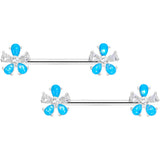 14G 9/16 Aqua Faux Opal Flower Barbell Nipple Ring Set